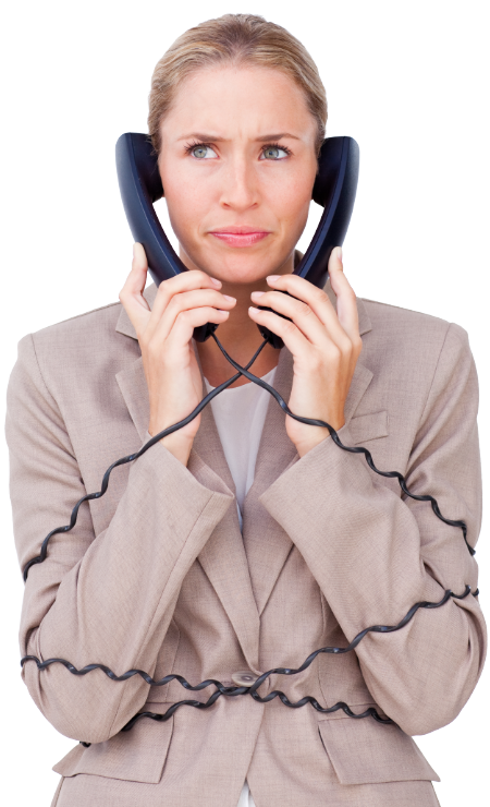 Hotel front desk staff tangled in telephone cords